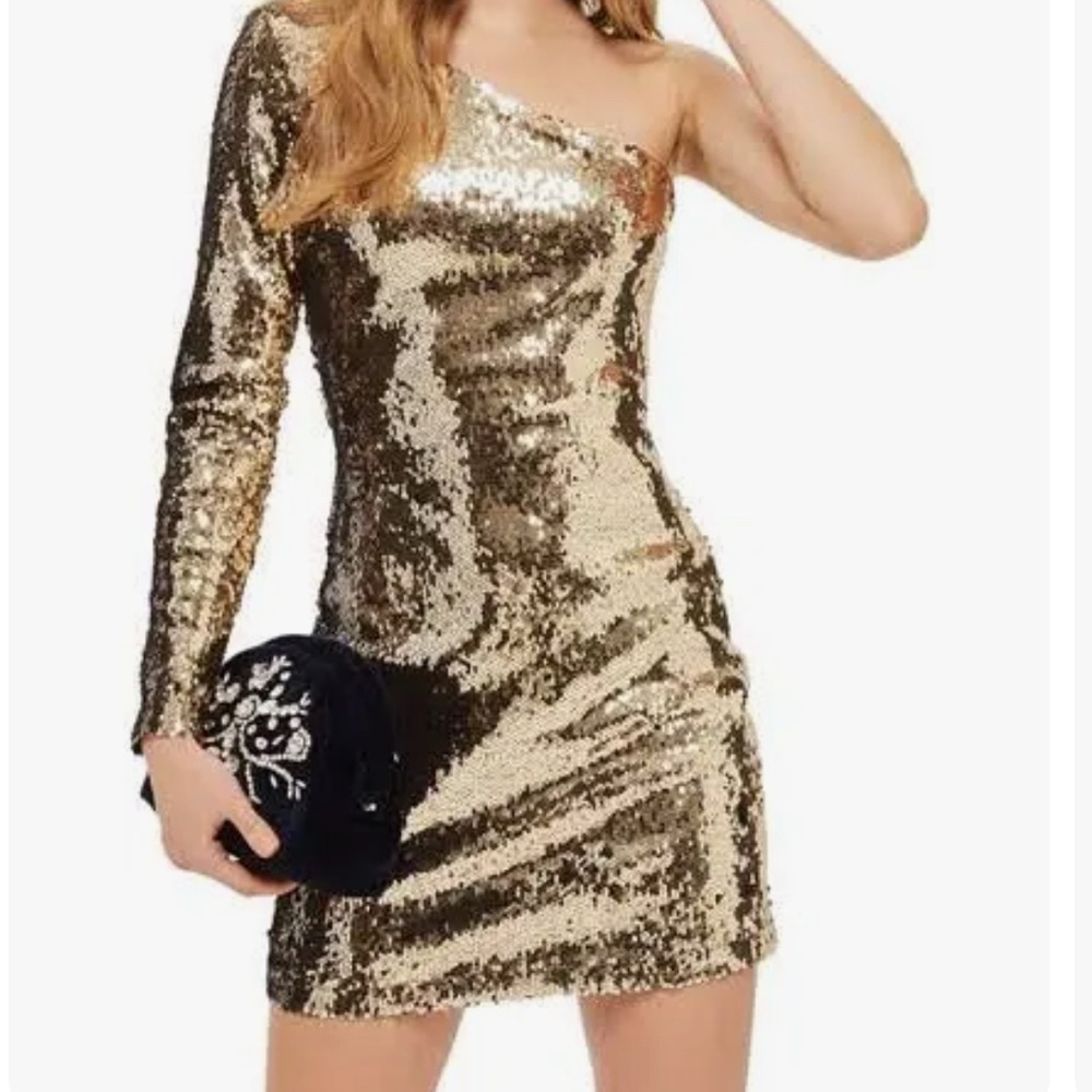 Top Shop Gold Sequin One-Shoulder Mini Dress, Size Small.